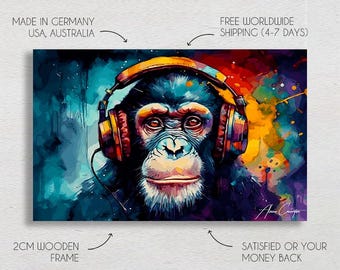アート・デザイン・音楽 IN SEARCH OF THE MONKEY GIRL Canvas Print Monkey in Headphones – A street art painting of