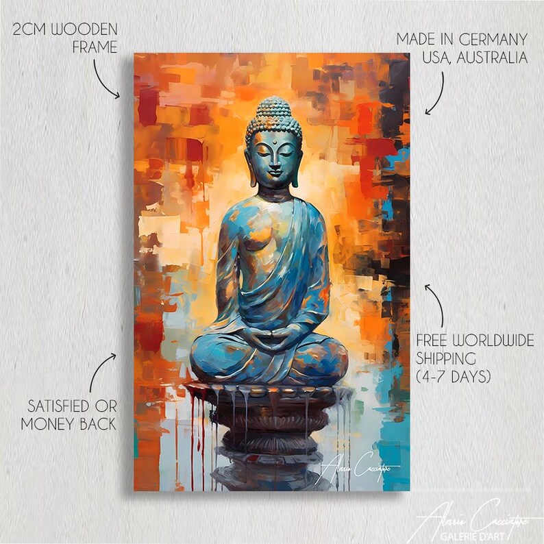 May include: A canvas print featuring a seated Buddha statue in blue hues, set against an abstract backdrop of orange, brown, and blue. The artwork is framed with a 2cm wooden frame. The artwork is signed by the artist.