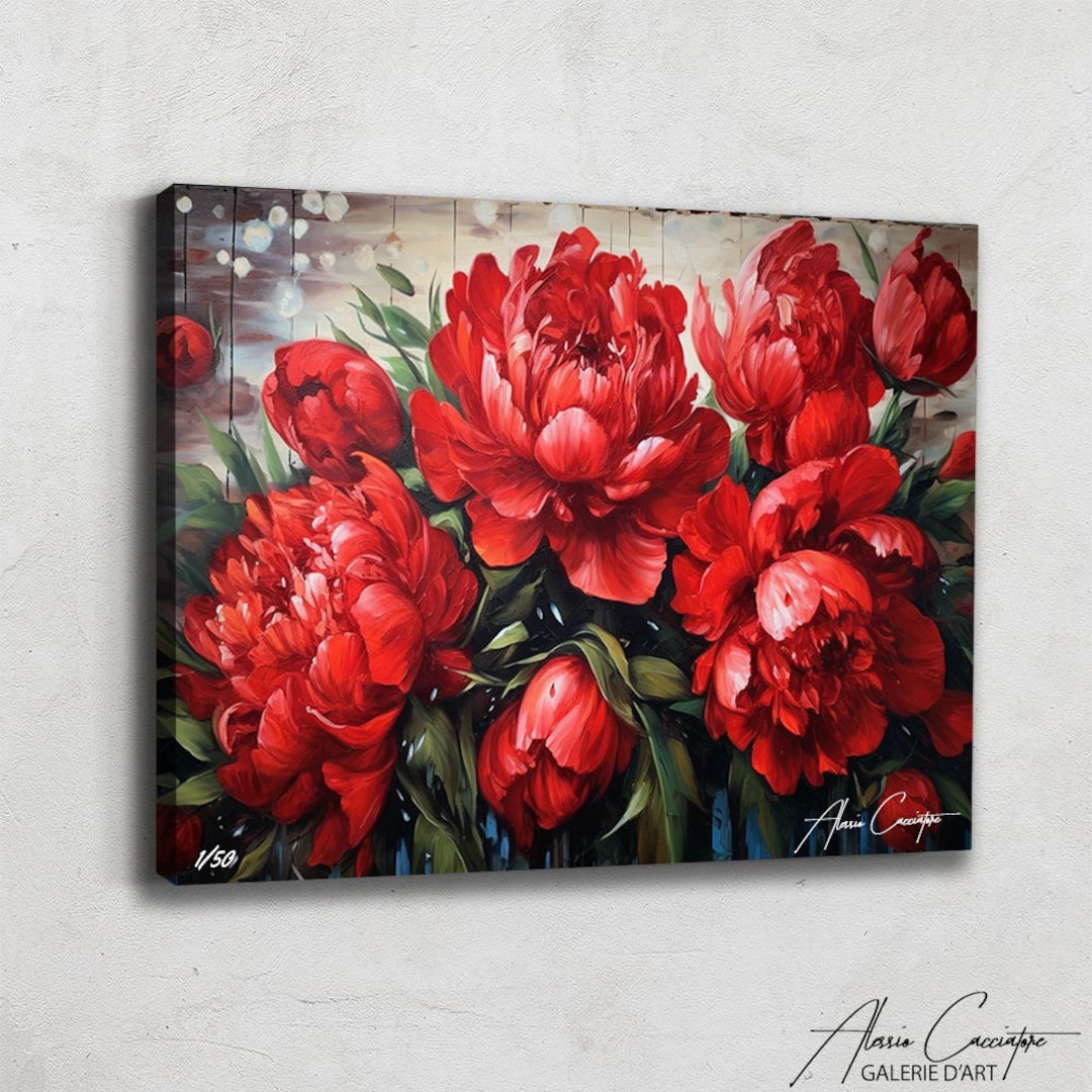 Red Peony Wall Decor, Abstract Flower Painting Acrylic, Peonies Wall