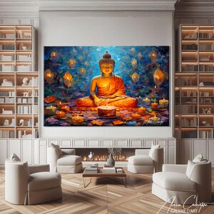 Buddha Wall Art Horizontal, Lotus Art Print, Zen Wall Art Landscape, Peaceful Bedroom Art, Meditation Wall Art, Yoga Decor