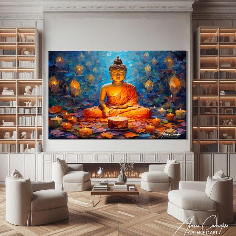 Buddha Wall Art Horizontal, Lotus Art Print, Zen Wall Art Landscape, Peaceful Bedroom Art, Meditation Wall Art, Yoga Decor
