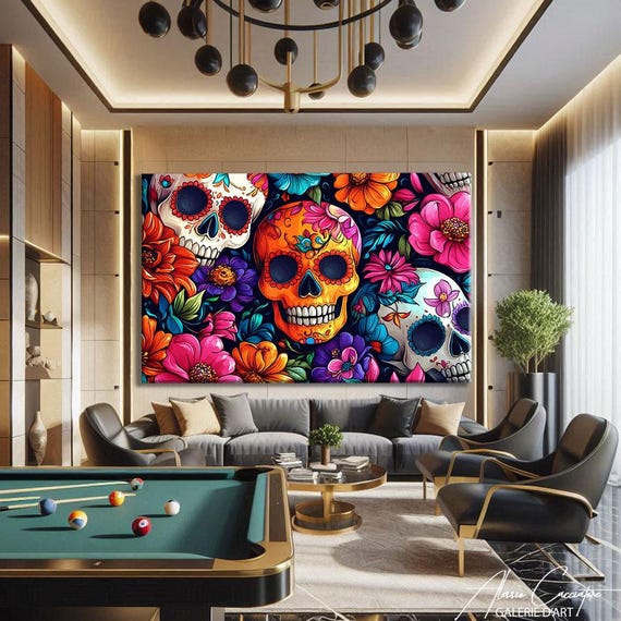 Gothic Wall Art Canvas, Sugar Skull Art Print, Modern Folk Decor, Mexican Art Framed, Floral Wall Decor, Above Bed Art