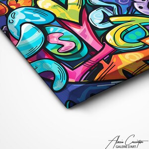 May include: A colorful abstract painting with a variety of shapes and colors, including blue, green, yellow, pink, and orange. The painting is done in a graffiti style and features a variety of textures.