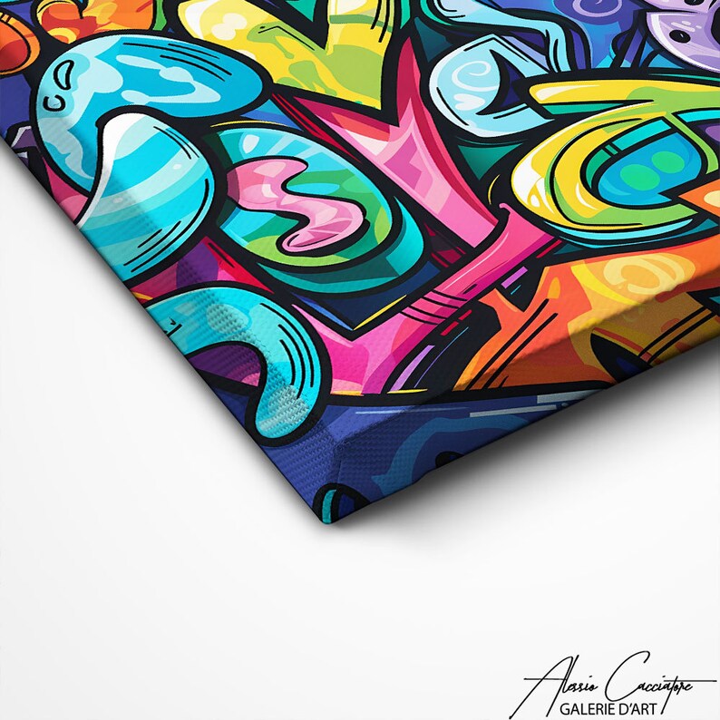 May include: A colorful abstract painting with a variety of shapes and colors, including blue, green, yellow, pink, and orange. The painting is done in a graffiti style and features a variety of textures.