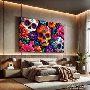 Mexican Wall Art For Living Room Prints, Sugar Skull Decor, Dia De Los Muertos Decor, Pop Art Prints Horiztonal, Abstract Floral Print