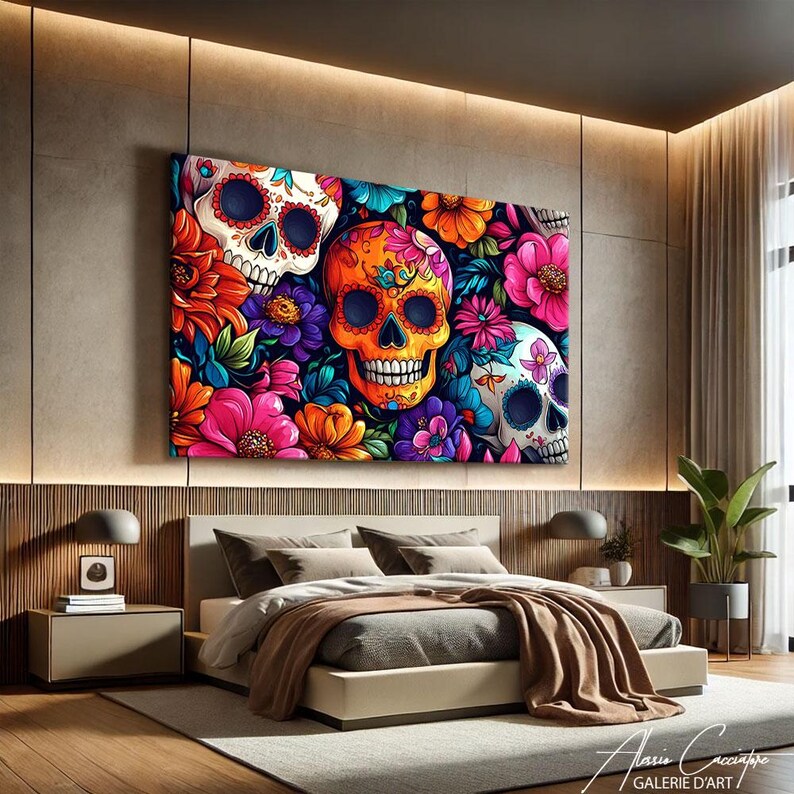 Mexican Wall Art For Living Room Prints, Sugar Skull Decor, Dia De Los Muertos Decor, Pop Art Prints Horiztonal, Abstract Floral Print