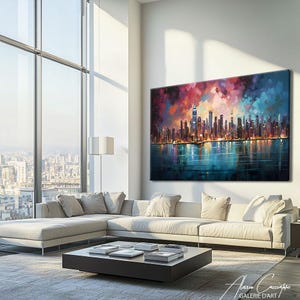NYC skyline canvas print featuring a stunning panoramic view of Manhattan's illuminated skyscrapers at night reflected on a calm teal water surface, set beneath a dramatic mosaic-style expressionist sky of deep red, purple, rose and electric blue palette knife brushstrokes creating a vibrant jewel-toned canopy above the glittering city lights. Bold cubist-inspired painting style with rich multicolored tones on a dark background. Premium fine art canvas handcrafted in Germany.