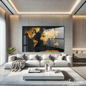 World Map Decor Framed, Tempered Glass Wall Art Abstract, World Map Wall Art, Acrylic Glass Art, Adventure Gift For Him, Above Bed Decor