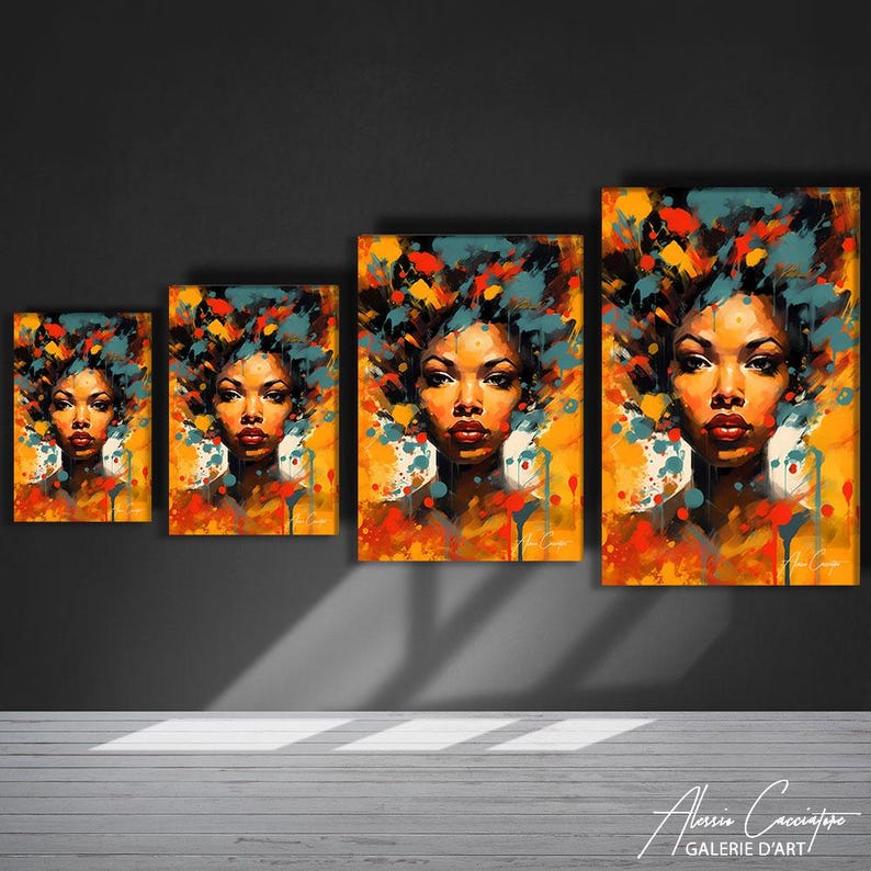 May include: Four different sizes of abstract art prints featuring a woman with colorful splashes of paint around her head. The woman has dark skin and is looking directly at the viewer. The background is a yellow and orange color.
