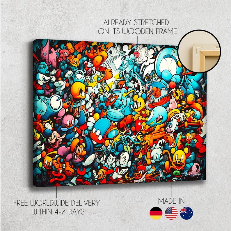 May include: A rectangular canvas print featuring a dense, colorful graffiti-style illustration with overlapping cartoon characters in shades of blue, orange, yellow, and red. The text ALREADY STRETCHED ON ITS WOODEN FRAME appears above a circular inset.