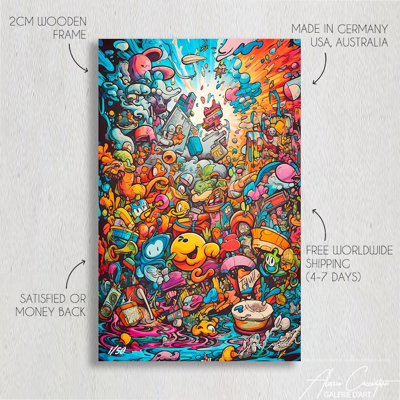 May include: A colorful, abstract canvas print with a whimsical, cartoon-like design. The print features a variety of characters and objects, including a smiling yellow creature, a blue creature, and a red car. The print is framed with a 2 cm wooden frame.