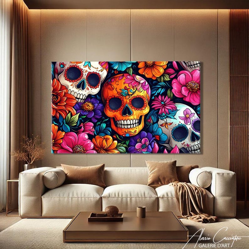 Mexican Wall Art For Living Room Prints, Sugar Skull Decor, Dia De Los Muertos Decor, Pop Art Prints Horiztonal, Abstract Floral Print
