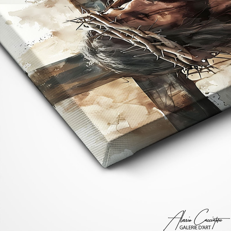 May include: A watercolor painting of a man with a crown of thorns on his head. The painting is in shades of brown and white, and the man's face is obscured by the crown of thorns.