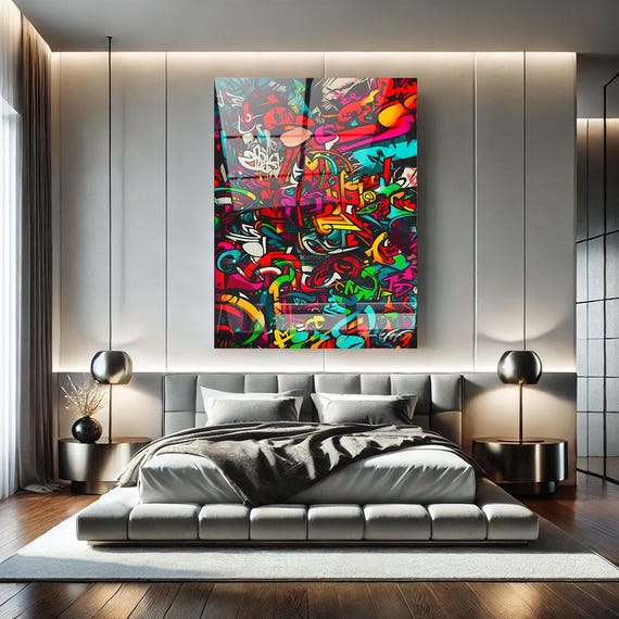 Urban Graffiti Art Print, Glass Wall Art Home Decor, Colorful Street Art Print, Acrylic Art Wall Art, Over The Bed Wall Decor, Teen Boy Gift