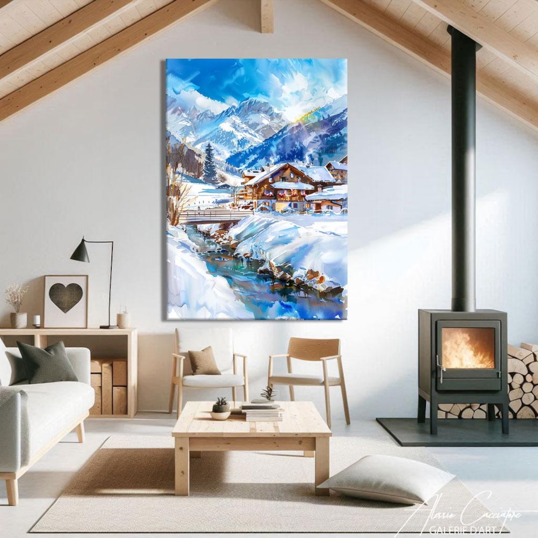 Snowy Mountain Art Print, Ski Wall Art Canvas, Cozy Home Decor for ...