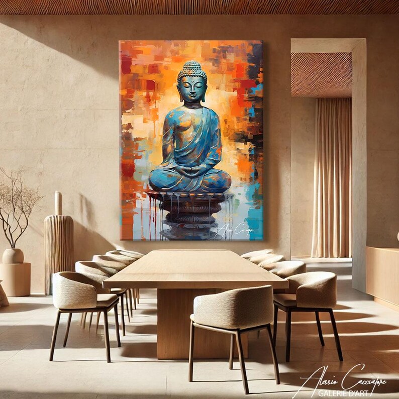 Find inner peace with this serene Buddha canvas print. A tranquil turquoise Buddha statue sits in meditation against a vibrant abstract backdrop of warm orange, amber, and cool blue geometric brushstrokes. The contemporary style blends spiritual tradition with modern artistry beautifully. Perfect for meditation rooms, yoga studios, zen spaces, or anyone seeking peaceful, mindful decor. A meaningful gift for spiritual seekers and meditation practitioners.
