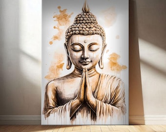 Puede incluir: Una impresión en lienzo de una serena figura de Buda en pose meditativa, con las manos juntas en oración. La obra de arte presenta una paleta de colores cálidos y terrosos con salpicaduras de estilo acuarela. La imagen está firmada por el artista, Alassio Cucciatore, y se ven las palabras "GALERIE D'ART".