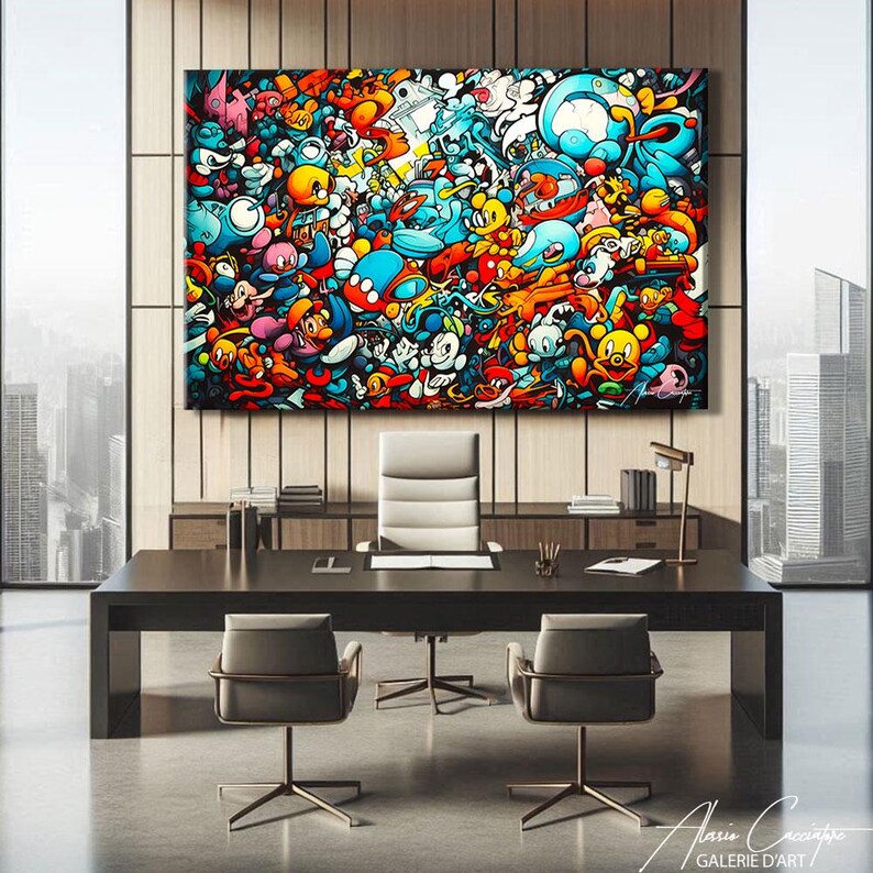 Explosive street art and doodle style canvas print packed with a chaotic collage of original cartoon characters and imaginative round creatures in a joyful, dense composition. Vivid turquoise, orange, red, yellow and white tones with bold outlines and urban graffiti energy. Perfect colorful wall art for a kids room, teen bedroom, living room, or games room, and an ideal gift for street art lovers, cartoon fans, and maximalist decor enthusiasts.
