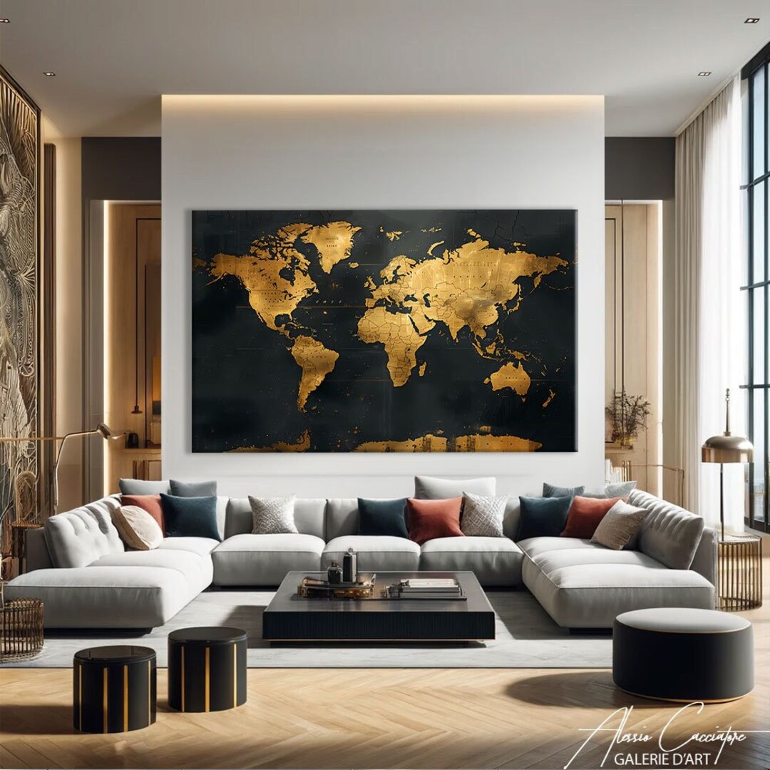 Black and Gold World Map Wall Art Canvas Gold Map, Wall Map Art Print ...