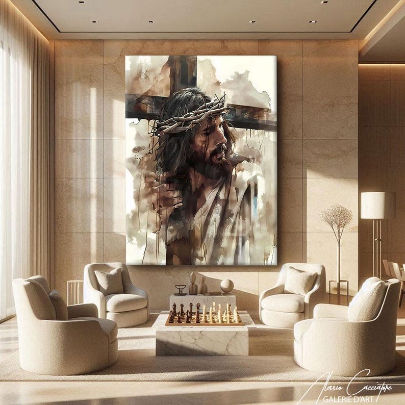 Abstract Christian Art Modern, Large Religious Wall Art Framed, Jesus Painting Canvas, Christianity Wall Art, Abstract Religious Art Print