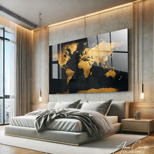 World Map Decor Framed, Tempered Glass Wall Art Abstract, World Map Wall Art, Acrylic Glass Art, Adventure Gift For Him, Above Bed Decor