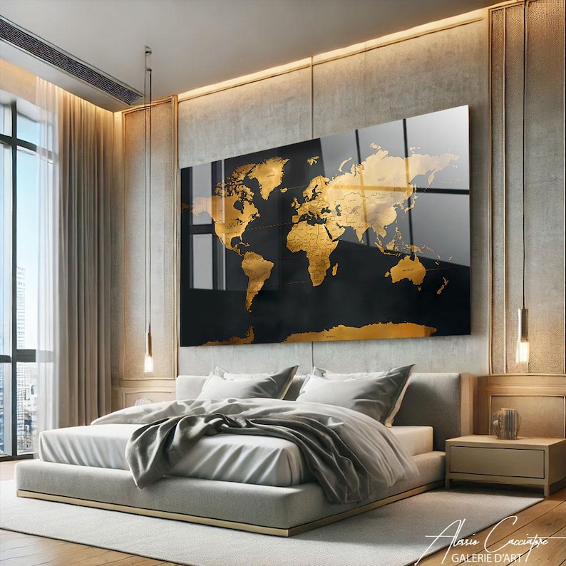World Map Decor Framed, Tempered Glass Wall Art Abstract, World Map Wall Art, Acrylic Glass Art, Adventure Gift For Him, Above Bed Decor