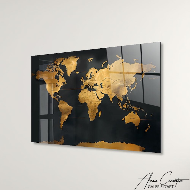 World Map Decor Framed, Tempered Glass Wall Art Abstract, World Map Wall Art, Acrylic Glass Art, Adventure Gift For Him, Above Bed Decor