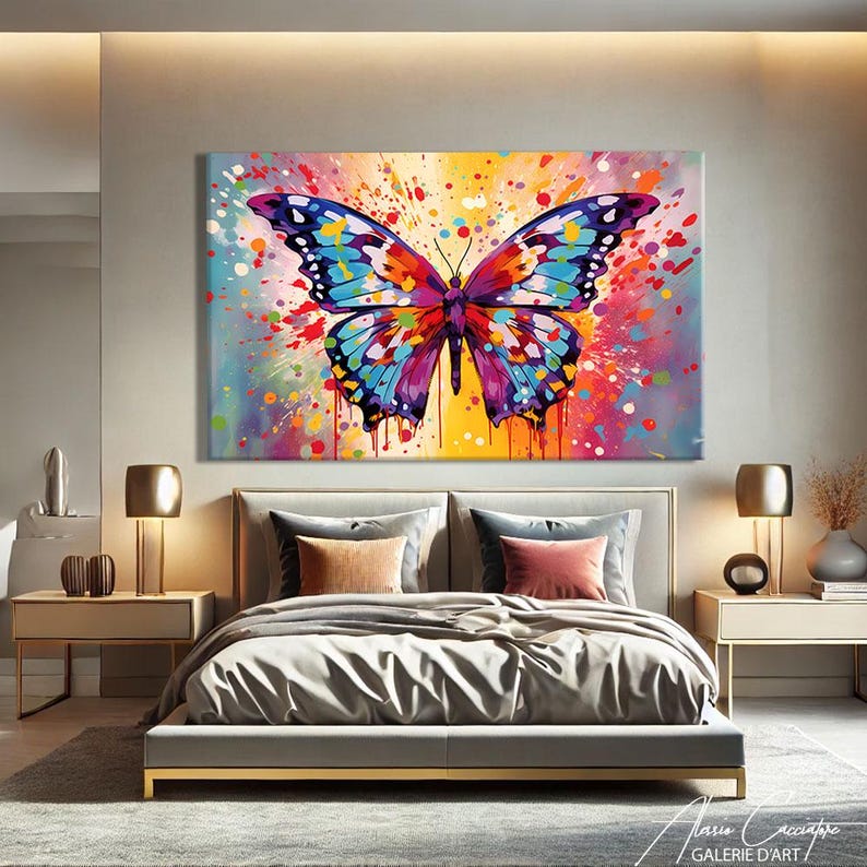 Butterfly Wall Art Framed, Butterfly Canvas Painting, Above Bed Decor ...