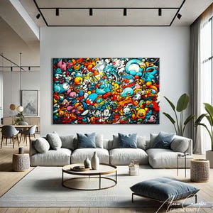 Explosive street art and doodle style canvas print packed with a chaotic collage of original cartoon characters and imaginative round creatures in a joyful, dense composition. Vivid turquoise, orange, red, yellow and white tones with bold outlines and urban graffiti energy. Perfect colorful wall art for a kids room, teen bedroom, living room, or games room, and an ideal gift for street art lovers, cartoon fans, and maximalist decor enthusiasts.