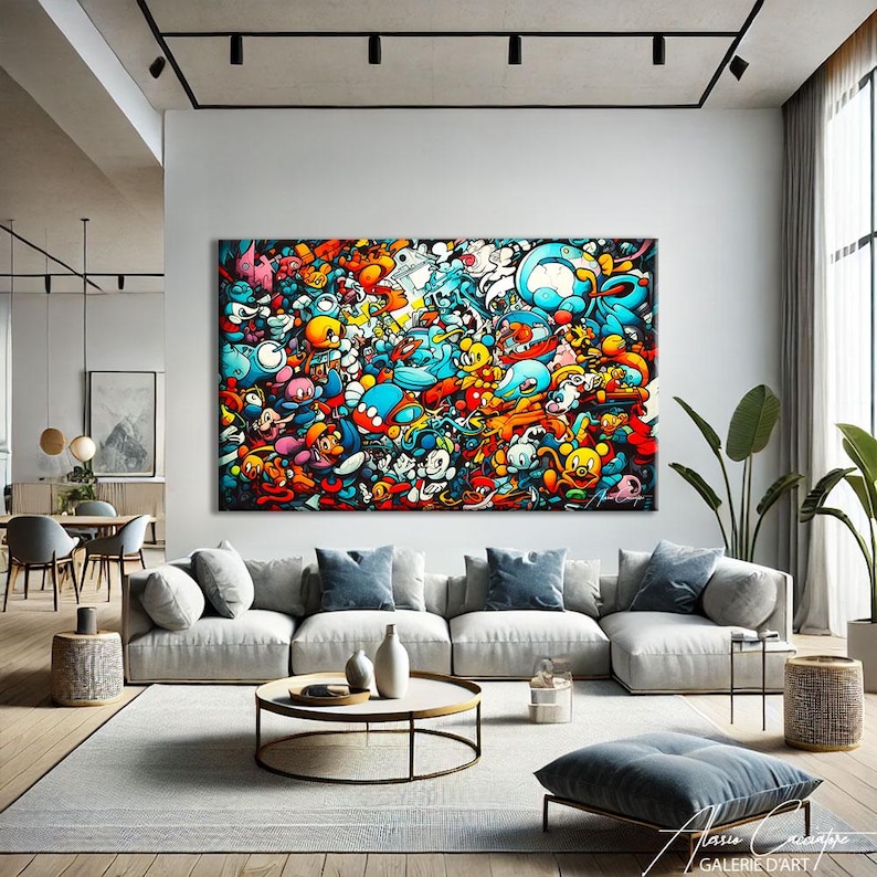 Explosive street art and doodle style canvas print packed with a chaotic collage of original cartoon characters and imaginative round creatures in a joyful, dense composition. Vivid turquoise, orange, red, yellow and white tones with bold outlines and urban graffiti energy. Perfect colorful wall art for a kids room, teen bedroom, living room, or games room, and an ideal gift for street art lovers, cartoon fans, and maximalist decor enthusiasts.
