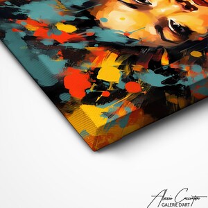 May include: Abstract painting of a woman's face with splashes of yellow, orange, red, and blue paint.