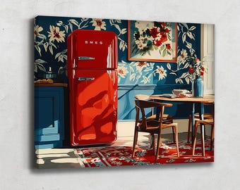 Retro Kitchen Wall Art, Mid Century Modern Art Prints Large, Cozy Wall Decor Canvas, Vintage Floral Prints Framed