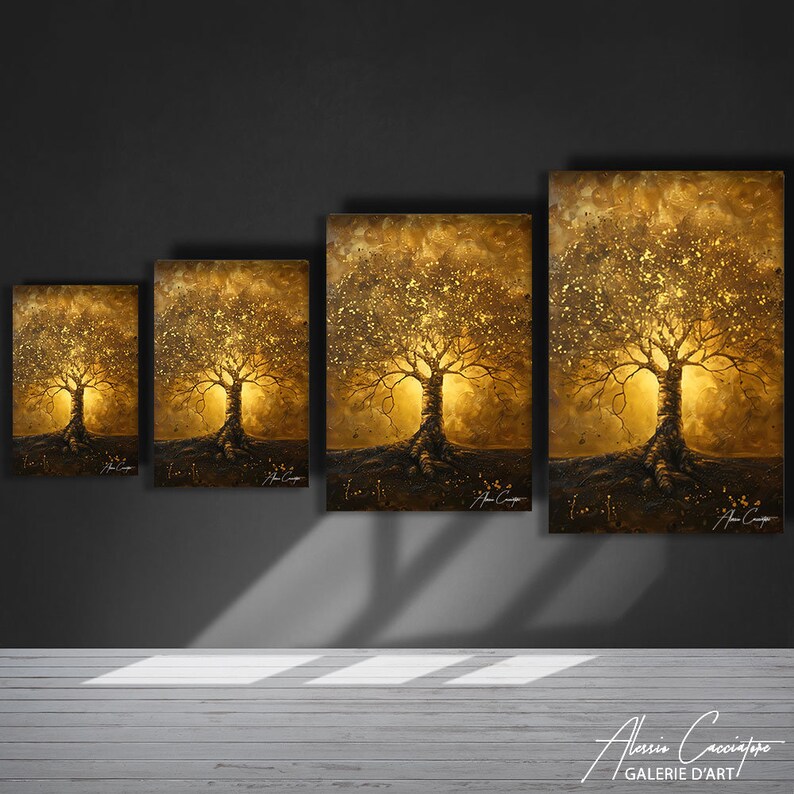Peut inclure: Quatre tailles diff&eacute;rentes d'une peinture repr&eacute;sentant un arbre dor&eacute; avec un effet lumineux. L'arbre est sur un fond sombre. La peinture est sign&eacute;e par l'artiste.