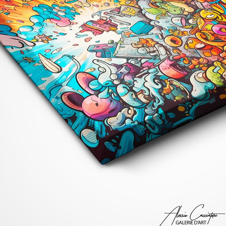 May include: A colorful abstract painting with a blue, yellow, and orange color scheme. The painting features a variety of shapes and patterns, including swirls, dots, and lines. The painting is framed in a black frame.