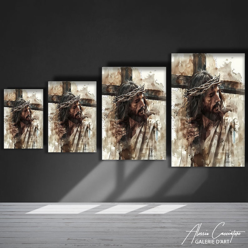 May include: A painting of Jesus Christ wearing a crown of thorns and carrying a wooden cross. The painting is done in a watercolor style with a soft, muted color palette. The background is a light brown color with a hint of blue.