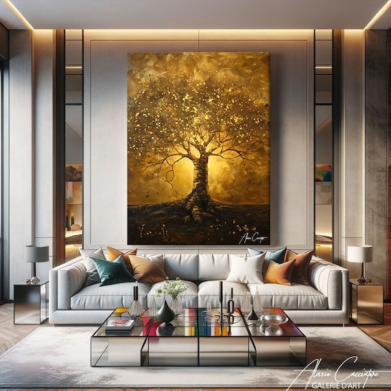 Tree Of Life Decor, Golden Tree Wall Art, Tree Of Life Painting, Gold Art Print, Oversized Canvas Art, Wall Decor Over The Bed Nature