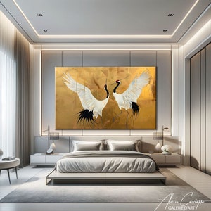 Impressão em tela japonesa, arte de parede de guindaste, impressão de arte de parede dourada, impressão de arte de pássaro guindaste, pintura abstrata dourada, tela de arte japonesa, arte acima da cama