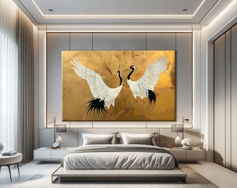 Japanese Canvas Print, Crane Wall Art, Gold Wall Art Print, Crane Bird Art Print, Gold Abstract Painting, Japanese Art Canvas, Above Bed Art
