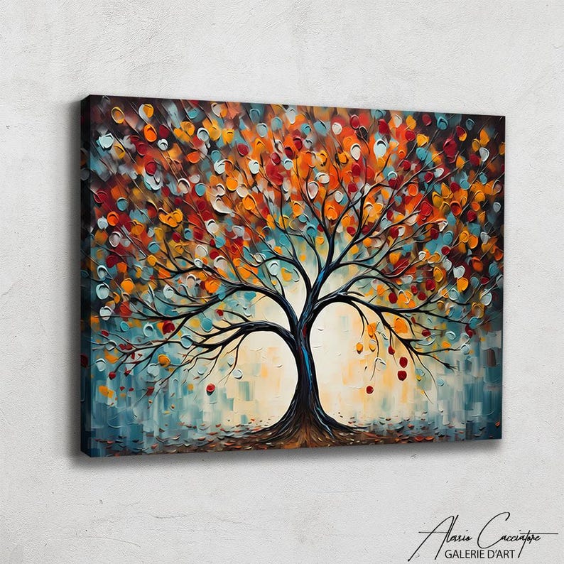 May include: An abstract tree painting with a black trunk and branches, and a vibrant canopy of orange, red, and yellow leaves. The background features blue and cream brushstrokes, creating a textured effect. The artwork is signed in the bottom right corner.