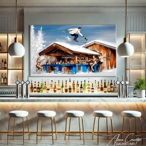 Peut inclure: Une peinture à l'huile représente un skieur en l'air au-dessus d'une scène de bar. Le bar a une façade bleue et marron, avec des clients et des bouteilles visibles. Le premier plan montre un bar en marbre avec des tabourets dorés et une sélection de bouteilles d'alcool.