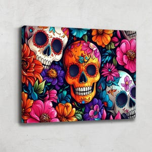 Mexican Wall Art For Living Room Prints, Sugar Skull Decor, Dia De Los Muertos Decor, Pop Art Prints Horiztonal, Abstract Floral Print