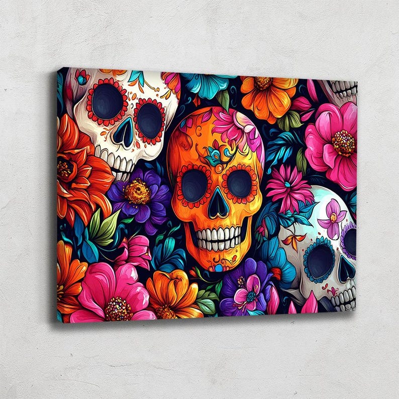 Mexican Wall Art For Living Room Prints, Sugar Skull Decor, Dia De Los Muertos Decor, Pop Art Prints Horiztonal, Abstract Floral Print
