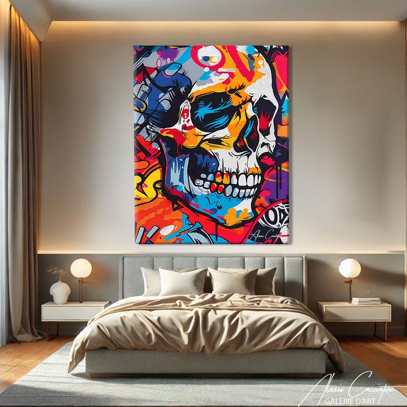 Skull Wall Art, Modern Pop Art Prints, Colorful Skull Art Print, Graffiti Canvas Art, Colorful Pop Art Decor, Office Desk Gifts For Him