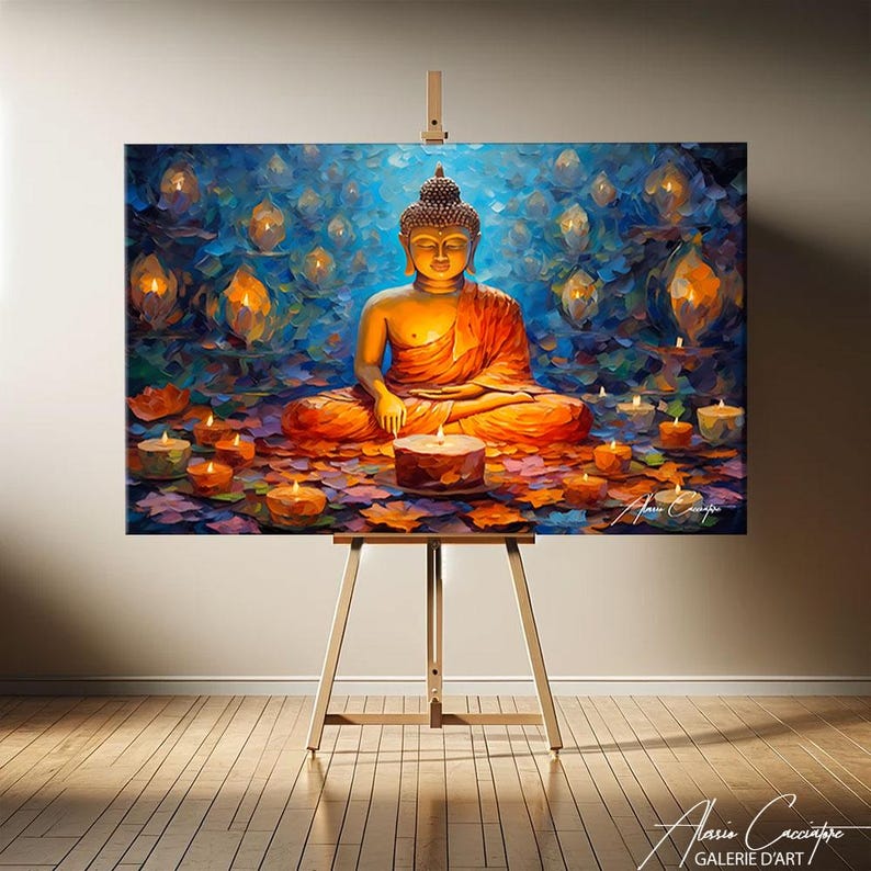 May include: A painting of a golden Buddha meditating in a lotus position surrounded by lit candles. The background is a blue and green landscape with leaves and flowers.
