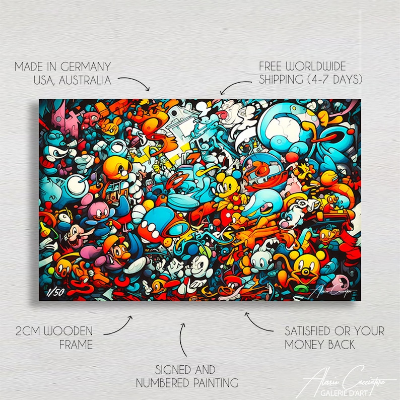May include: A rectangular painting featuring a dense, colorful collage of cartoon-style characters in shades of blue, red, yellow, and white. The artwork includes the text 1/50 in the bottom left corner and a signature in the bottom right corner.