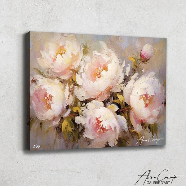 Acrylic Floral Painting Print, White Peony Painting, Flower Wall Art Prints, Peonies Art Prints, Abstract Floral Art, Above Bed Decor Modern