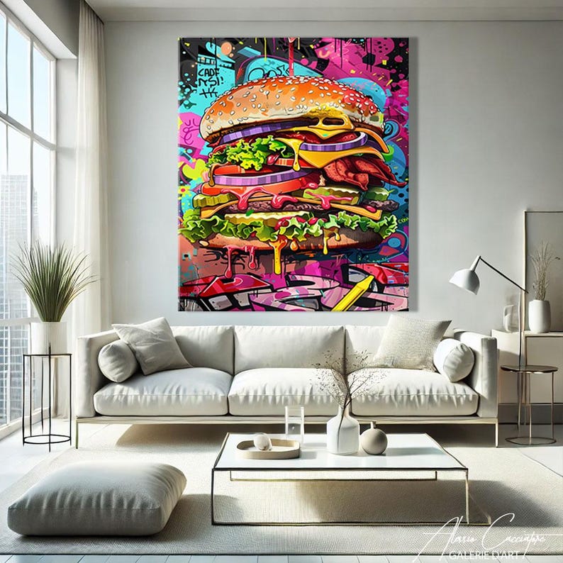 May include: A colorful, graffiti-style painting of a large hamburger with melted cheese, lettuce, tomato, and onion. The background is a vibrant mix of pink, blue, yellow, and green.