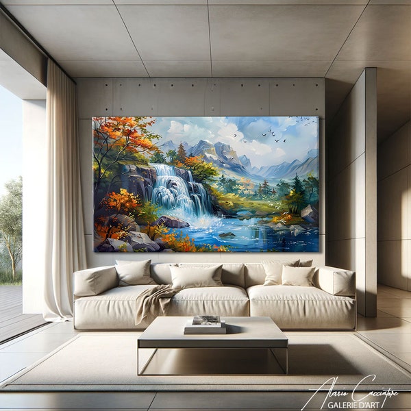 Waterfall Painting Print, Mountain Canvas Print, Nature Wall Art Print, Living Room Wall Decor Modern, Nature Lover Gift, Oversized Wall Art