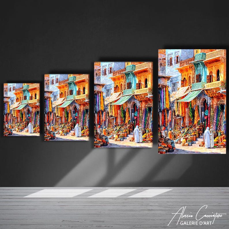 May include: Four canvas prints displaying a bustling street scene. The artwork features colourful buildings with awnings, filled with market activity. Figures in white robes are present. The colour palette includes oranges, blues, and greens, creating a lively atmosphere.