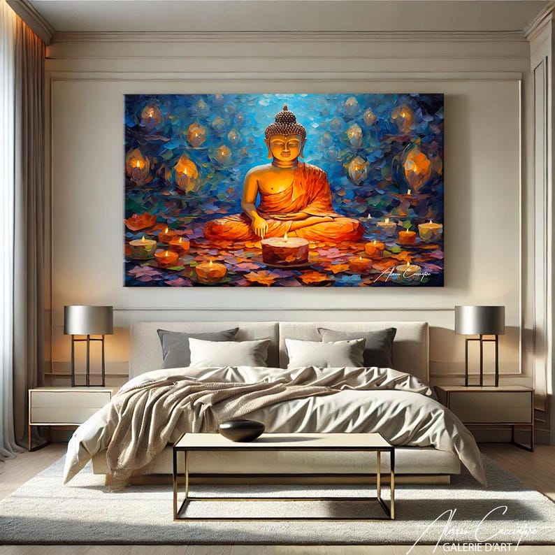 May include: A painting of a golden Buddha meditating in a lotus position surrounded by candles and flowers. The background is a blue and purple sky with clouds. The painting is framed and hanging on a wall in a bedroom.